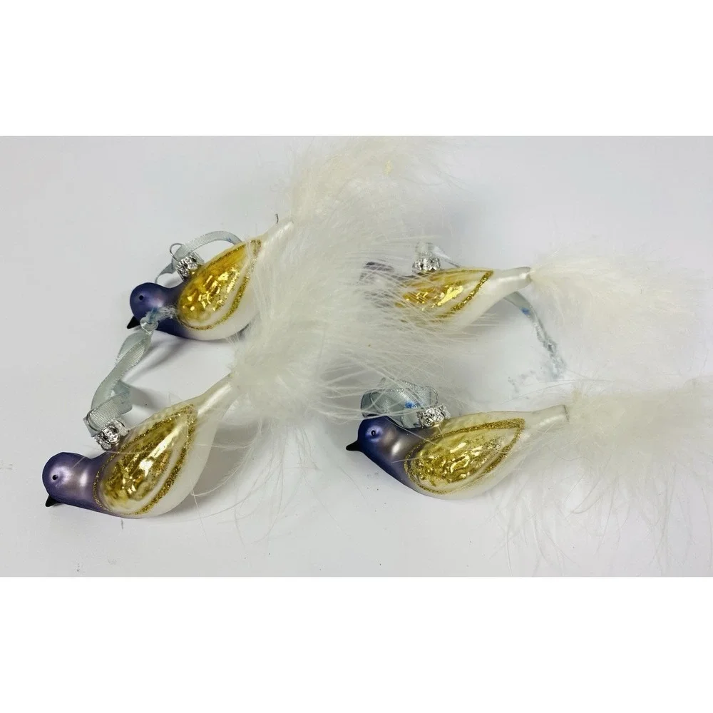 Blown Glass Bird Ornaments Set Of 4 Matching White Feather Tail Purple‎ Gold